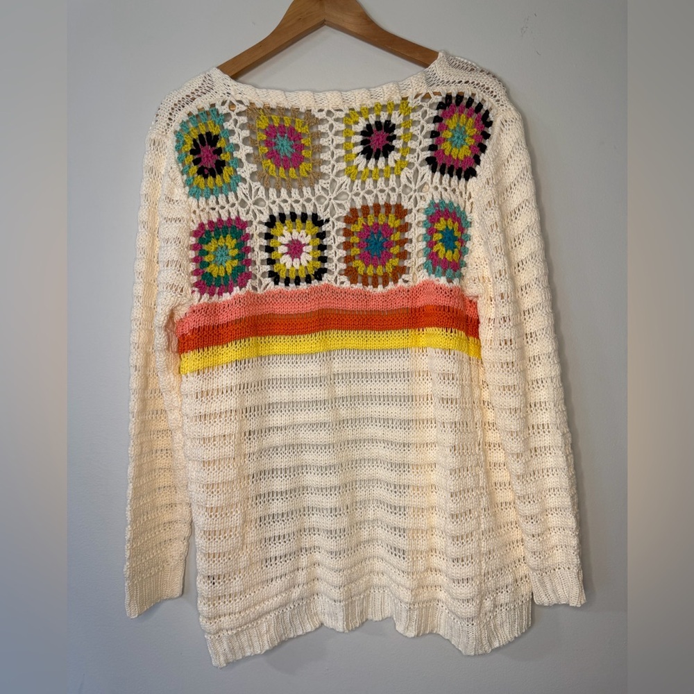Boho Crochet Cardigan Granny Square Open Front Cream Rainbow Festival Sweater - Picture 3 of 4